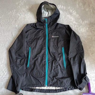 Montane Atomic Jacke Damen UK 10 schwarz türkis leichter Regenmantel mit Kapuze