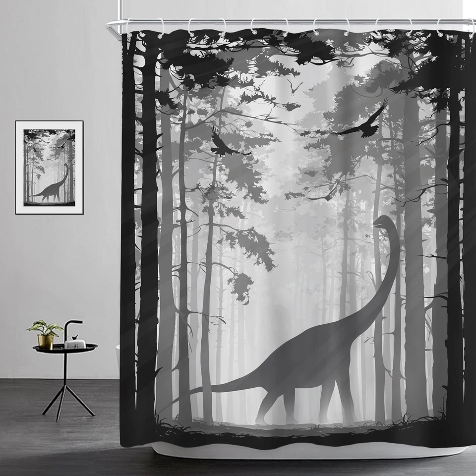 "Cortina de Ducha Dinosaurio Silueta 60x72"" - Elegante Decoración de Baño Rústica" Foto 3 de 4