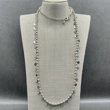 Chico's Long Silver Tone Beaded Disc Charm Necklace Adjustable Women Fashion