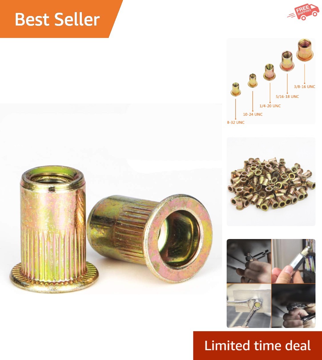 Heavy-Duty 8/32'' Carbon Steel Rivnuts, 100 Flat Head Fasteners for All Projects