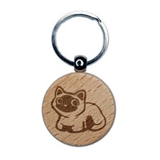 Curious Siamese Cat Side Eye Engraved Wood Round Keychain Tag Charm