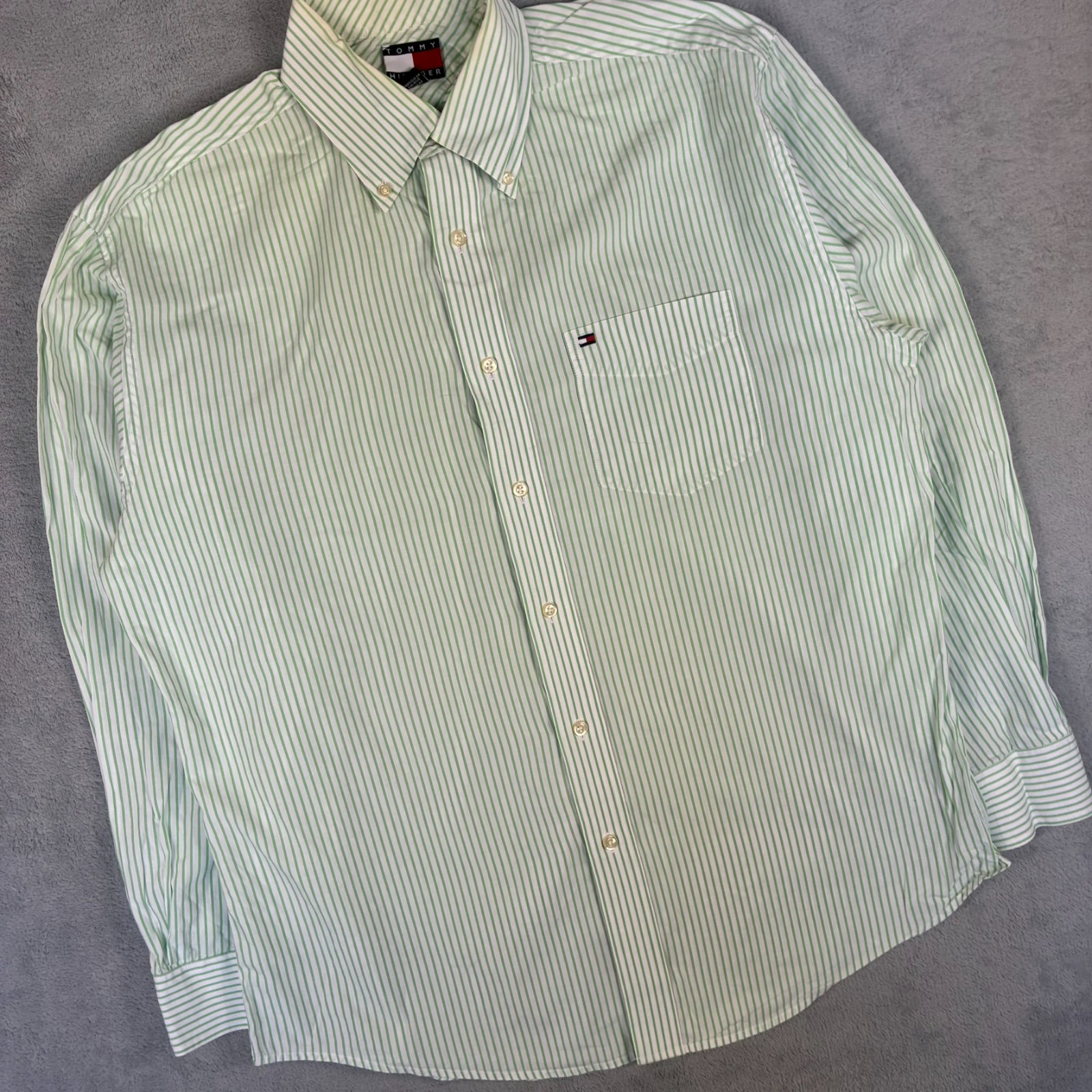 VTG Tommy Hiliger 2000's Green White Stripe Size Medium L/S Button Down Shirt image 2