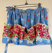 Vintage Blue Floral Wrap Apron Large Red Flowers Cottage Farmhouse Retro