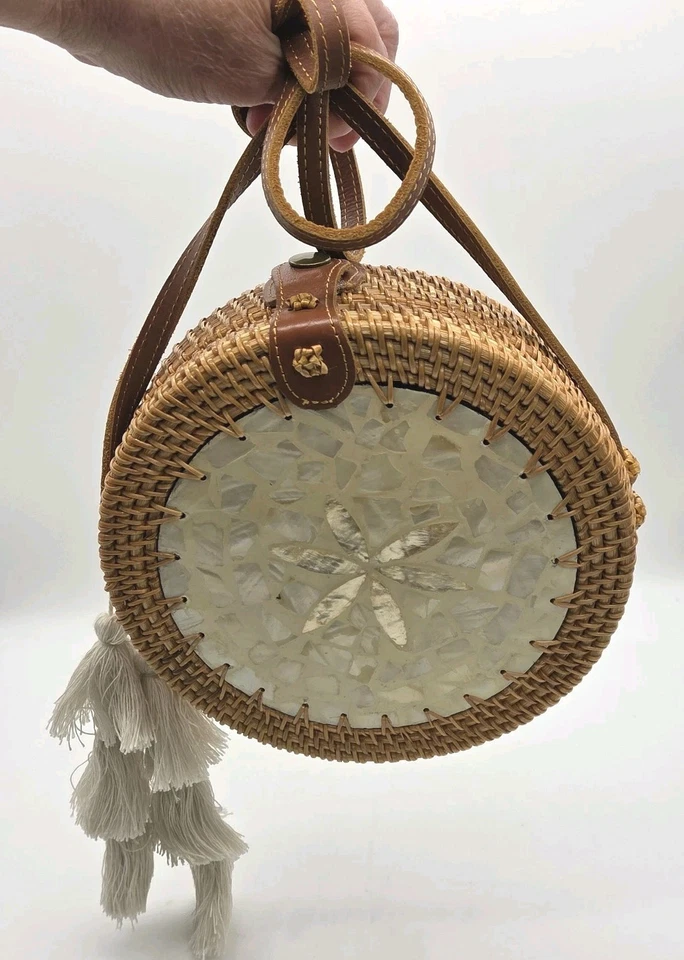 Shell Inlaid Purse Hand Woven Round Rattan Straw Bohemiam Crossbody Strap Tassel - Image 4 of 4