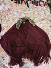 Faux Fur Batwing Sleeve Shawl Cape Poncho Deep Red One Size Fits All