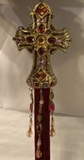 Vintage 12" Gold Jeweled Cross Christmas Ornament Gems Tassel Beads