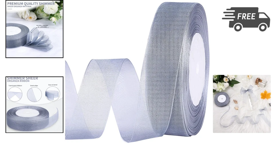 Shimmer Sheer Organza Ribbon 50 Yards 1 Inch Gray Wedding Gift Craft Decor - Image 2 of 4