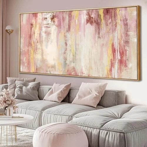  Cuadro rosa y dorado arte de pared en lienzo para dormitorio pinturas abstractas a mano  Foto 3 de 4