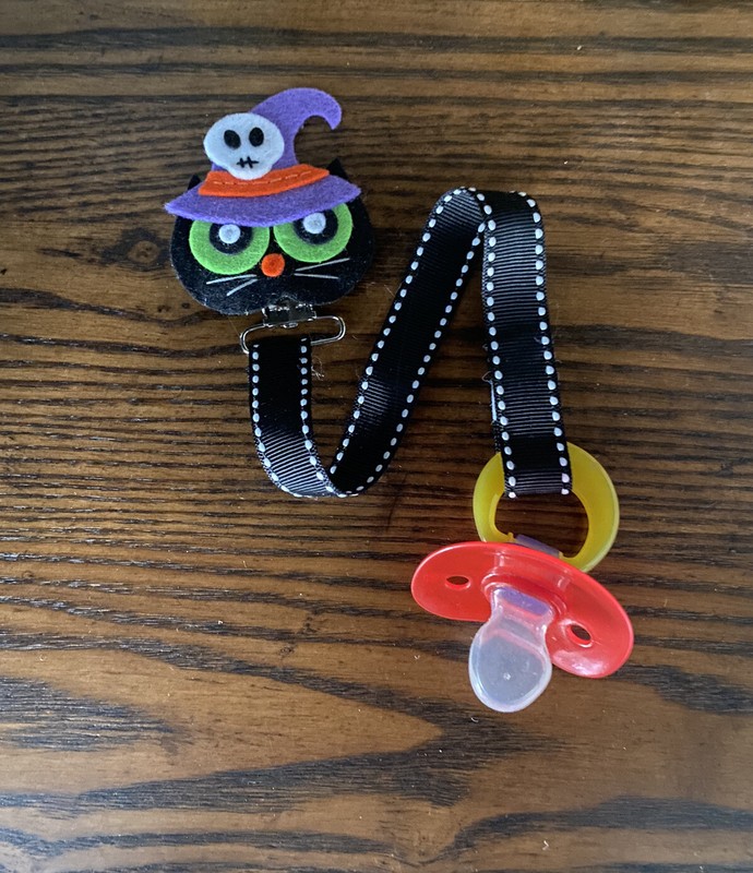 Halloween Black Cat Ribbon Pacifier holder clip strap, binky, paci leash-New