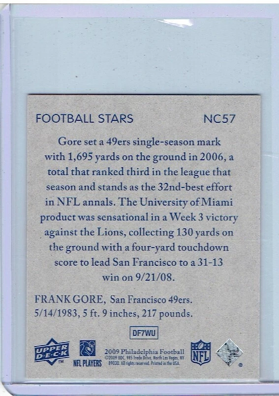 FRANK GORE 2009 Philadelphia NATIONAL CHICLE #NC57 Jets - Image 2 of 2