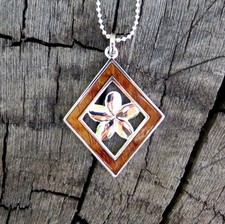 KOA WOOD HAWAIIAN PLUMERIA DIAMOND SHAPE RHODIUM PLATED BRASS PENDANT BRP1145