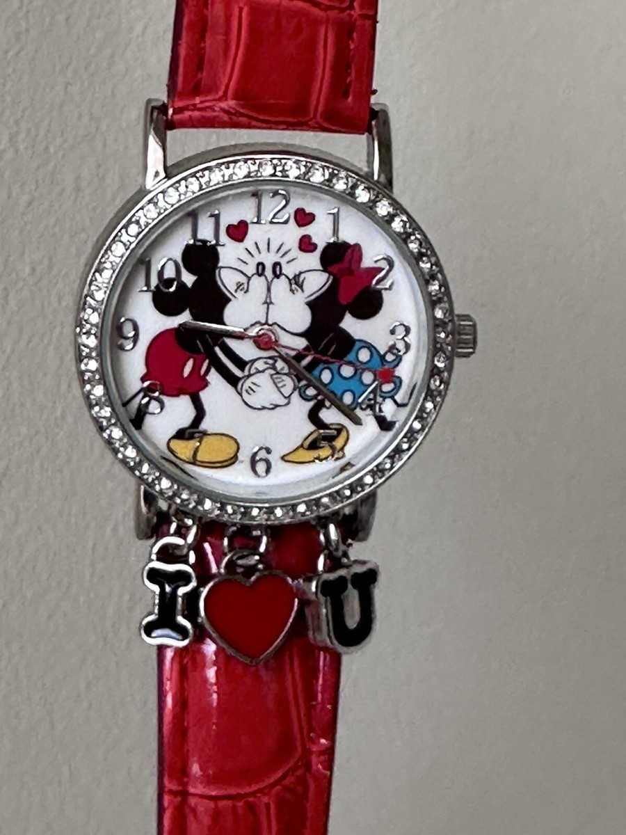 Disney Mickey and Minnie I Love You Kissing Watch with Charms
