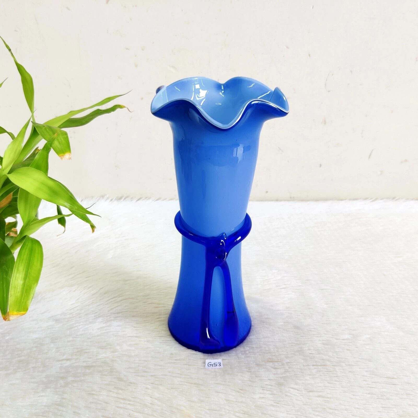 Vase À Fleurs En Verre Bleu Clair Vintage 1930 Décoratif Collectible GV108