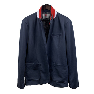 H2H Blazer Men's Size Med Navy One Button Knit Sport Coat Casual Collar Accents