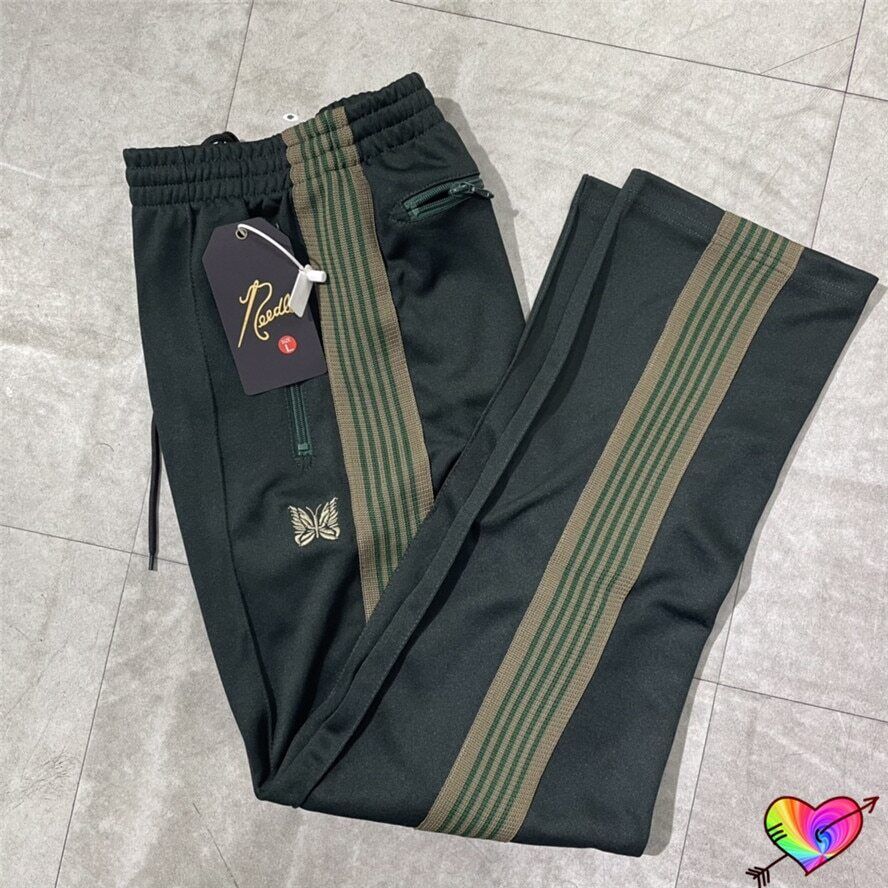 Quality Embroidered Needles Track Pants Classic Stripe Trousers