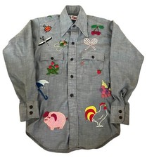 Vintage Levi's 1970s Children's Button Down Denim Shirt Hand Embroidered Size 14