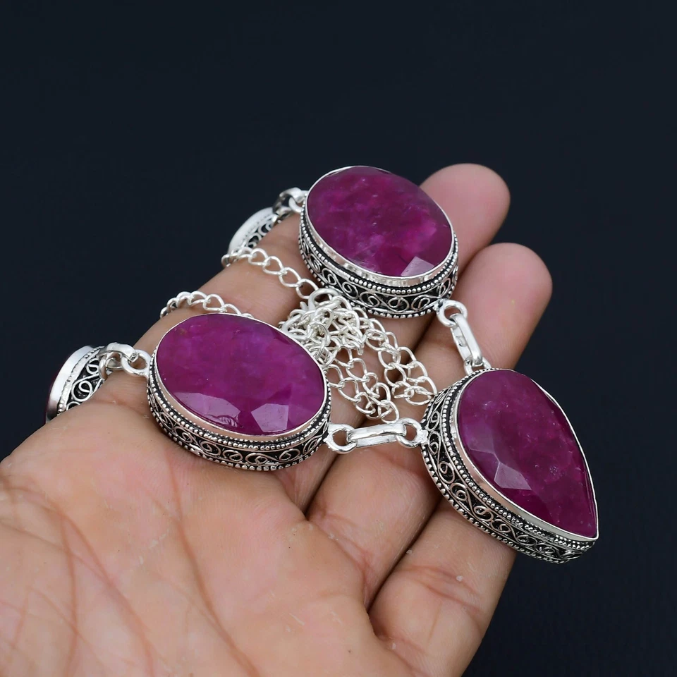 Kashmir Ruby Gemstone Necklace 925 Sterling Silver Jewelry For Birthday Gifts - Image 2 of 4