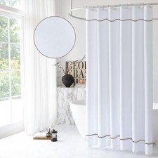 White Shower Curtain with Flax Border Modern Chic Faux Linen Fabric Shower Cu...
