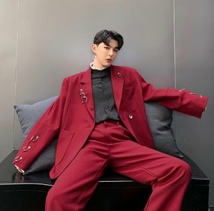 red wide leg trouser suit