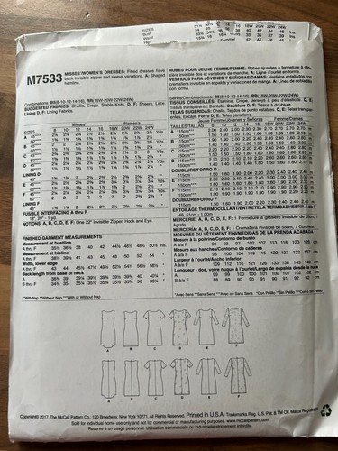 VERSAND TRACKED McCalls Kleider Gr. 18-24 W Schnittmuster M7533 unbenutzt - Bild 2 von 2