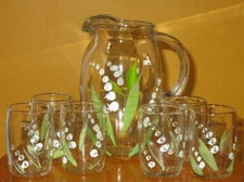 Vtg Juice Pitcher w/ 6 Clear Glasses Set Floral Hand Painted Lily-of-the Valley