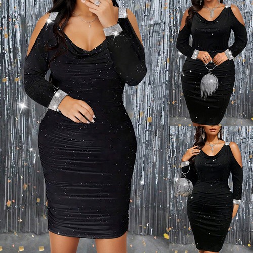 Plus Size Women Sexy Ruched Bodycon Dress Ladies Party Cocktail Midi Gown Dress - Picture 3 of 14