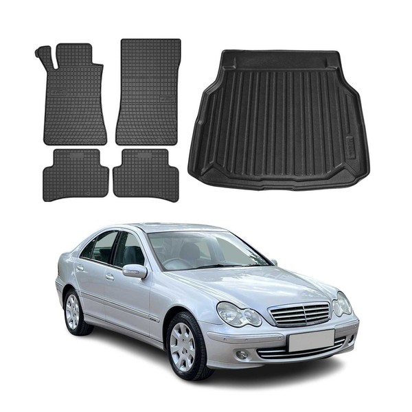 FußMatten & Kofferraumwanne Set FüR Mercedes C Klasse W203 2000-2007 Gummi 5X-image