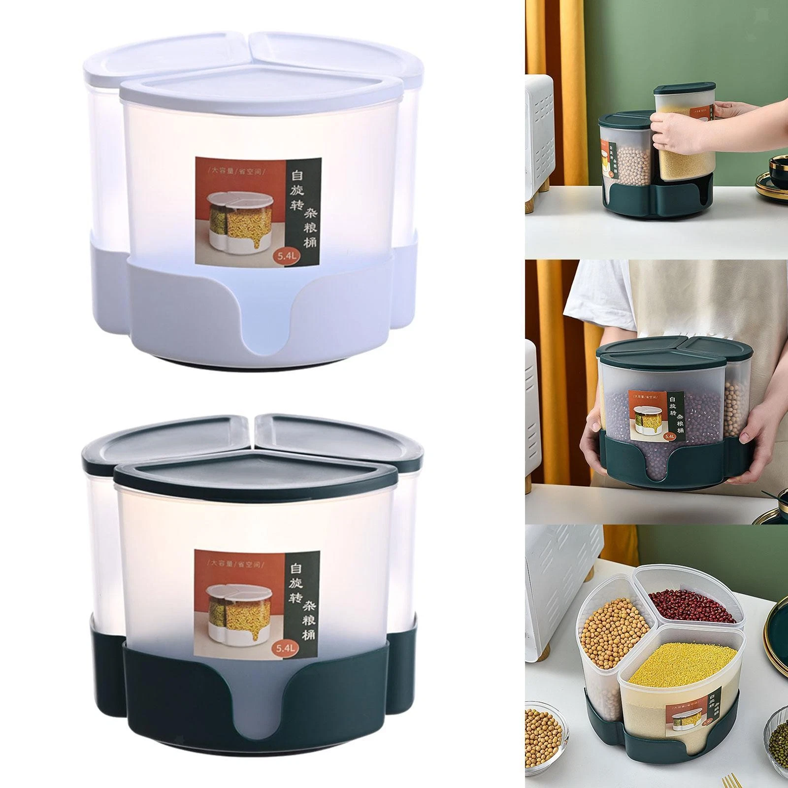 Rice Storage Container Household Rice Storage Tank 3 Grids Kitchen Storage Bin