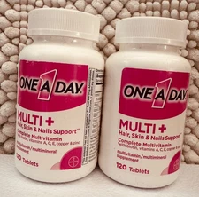 2 Pk ONE A DAY Multi + Hair Skin & Nails Multivitamin Tablets 120CT each 01/2026