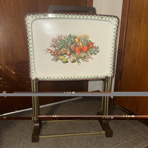 VINTAGE Set of 4 Metal Folding TV Trays w/Holder Rare Pattern Veggies