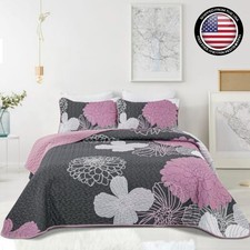 Grey Pink Floral Quilt Set Queen Size 3PC Reversible 96''x90'' Microfiber