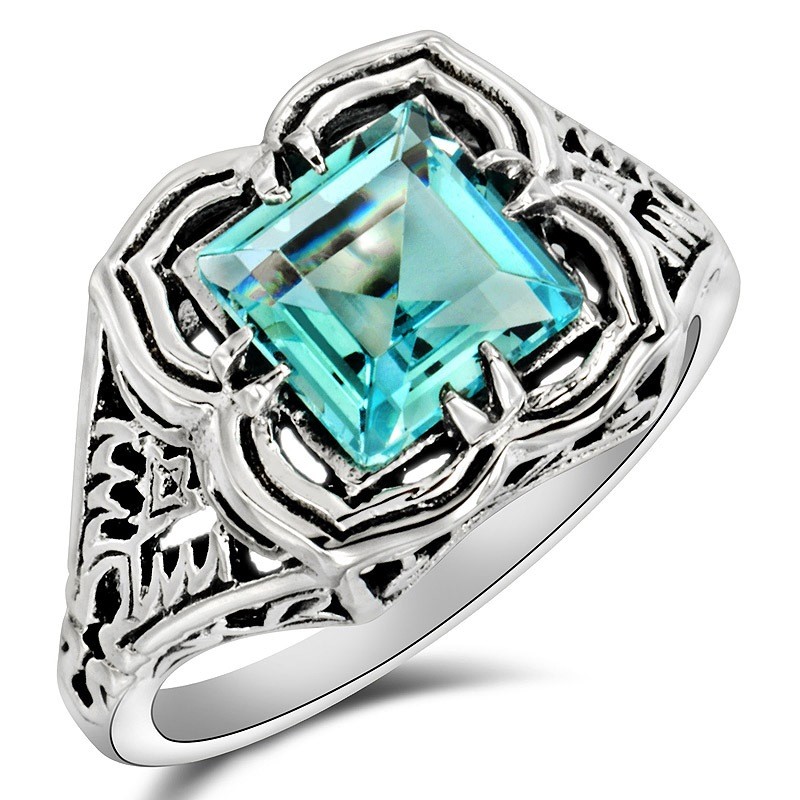 2CT Aquamarine 925 Solid Sterling Silver Filigree Ring Sz 6 F4-7