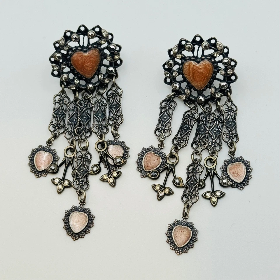 Banana Bob Heart Earrings VTG Pierced pink crystal Sweetheart Enamel Dangle 90s - Image 4 of 4