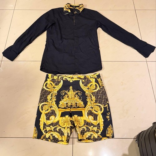 Fendi, FENDI x VERSACE Dress Shirt & Shorts Set Black Gold Baroque FF Logo