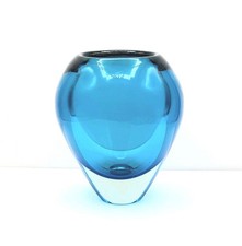 Ice Blue Hand Blown Art Glass Round Heavy Bud Vase Thick Clear Bottom 5.5"