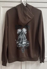 Romwe Hoodie Women's XLarge Until Death Skulls Hooded Brown Sweatshirt Pocket