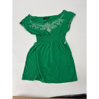 Volcom Green Embroidered Boho Smocked Waist Babydoll Top Mini Dress Large