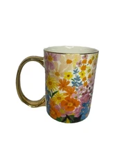 Rifle Paper Co. Anthropologie Floral Ceramic Coffee Mug w/ Gold Painted Handle