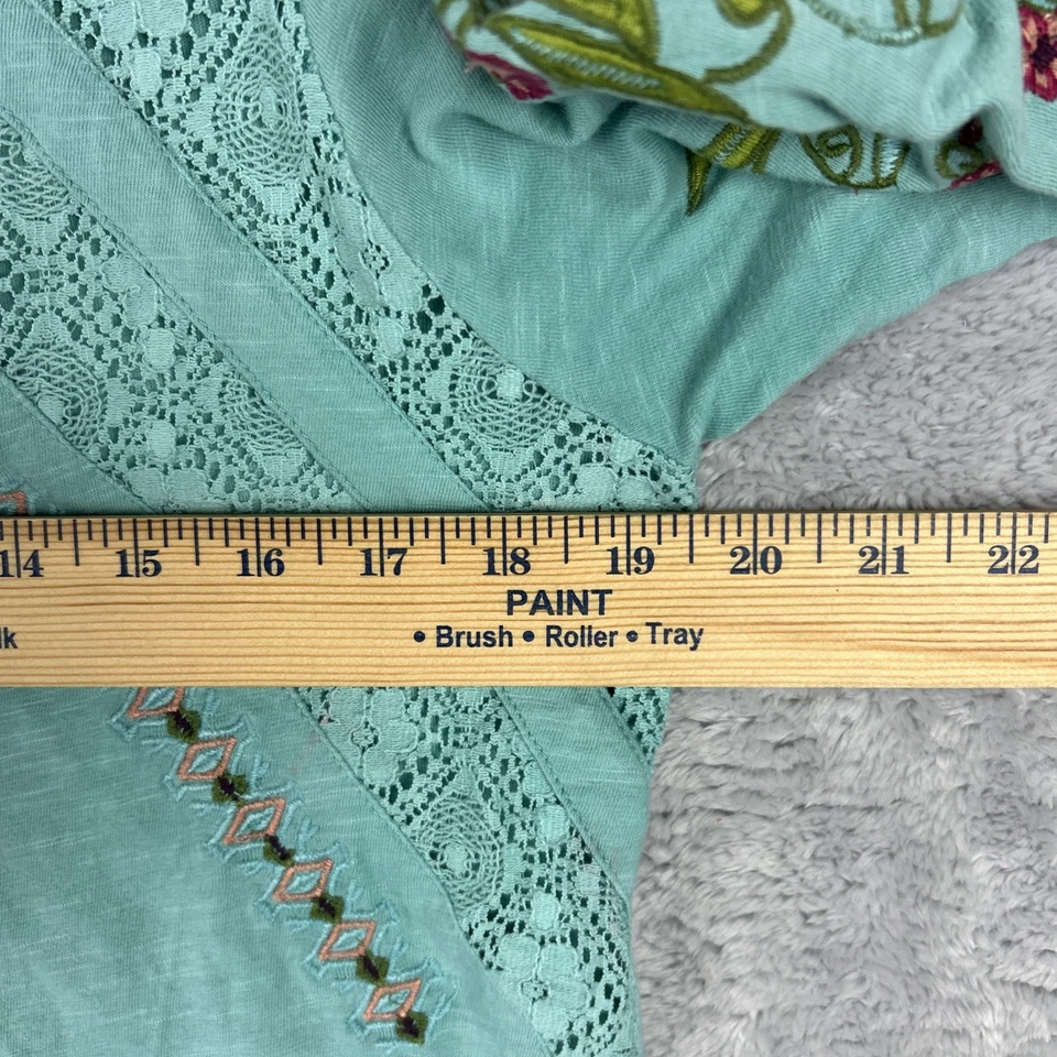Top de algodón Sundance para mujer M inserciones de encaje bordado suave verde azulado mangas de codo Foto 4 de 4