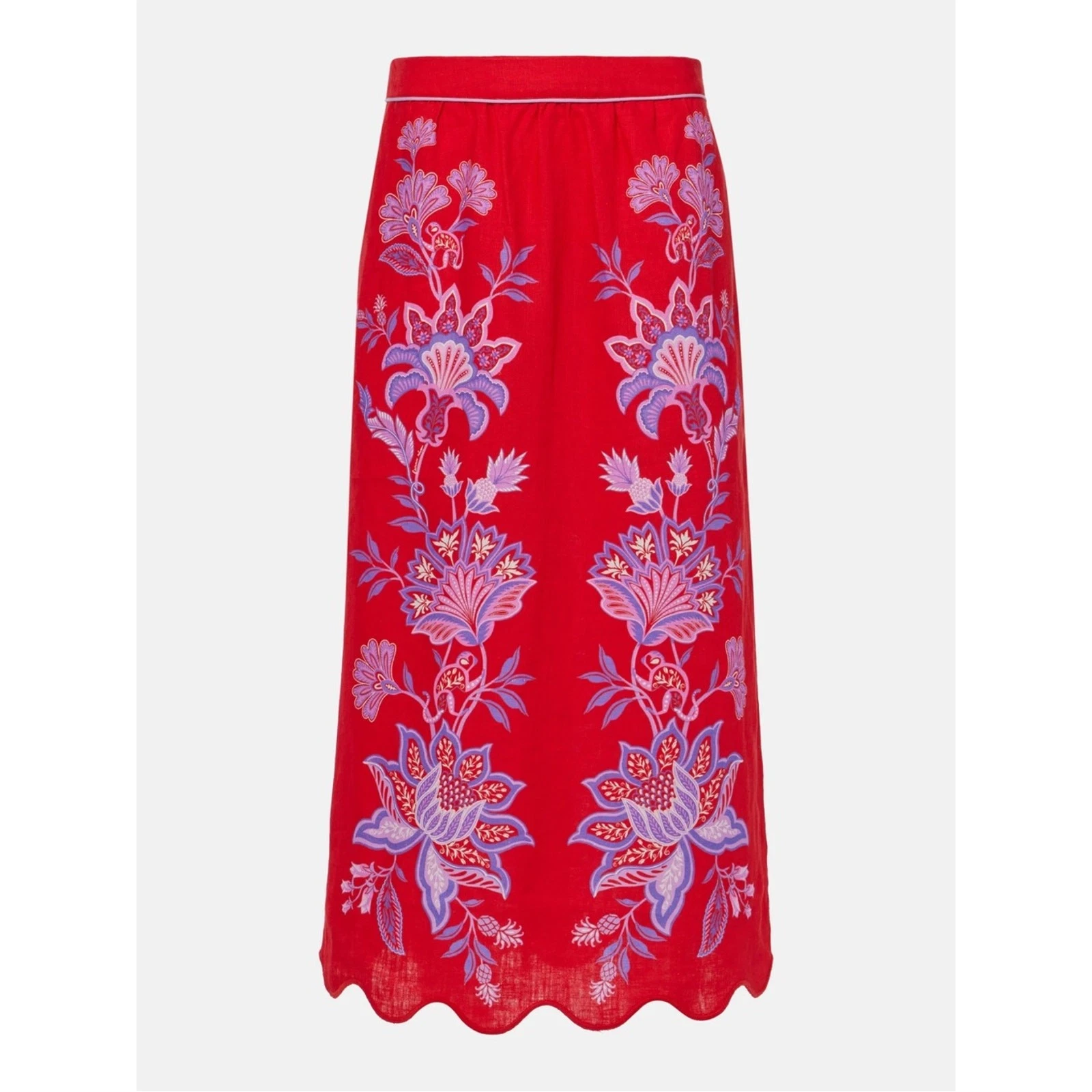 NWT Farm Rio Porcelain Garden Linen Embroidered Floral Midi Maxi Long Skirt Red