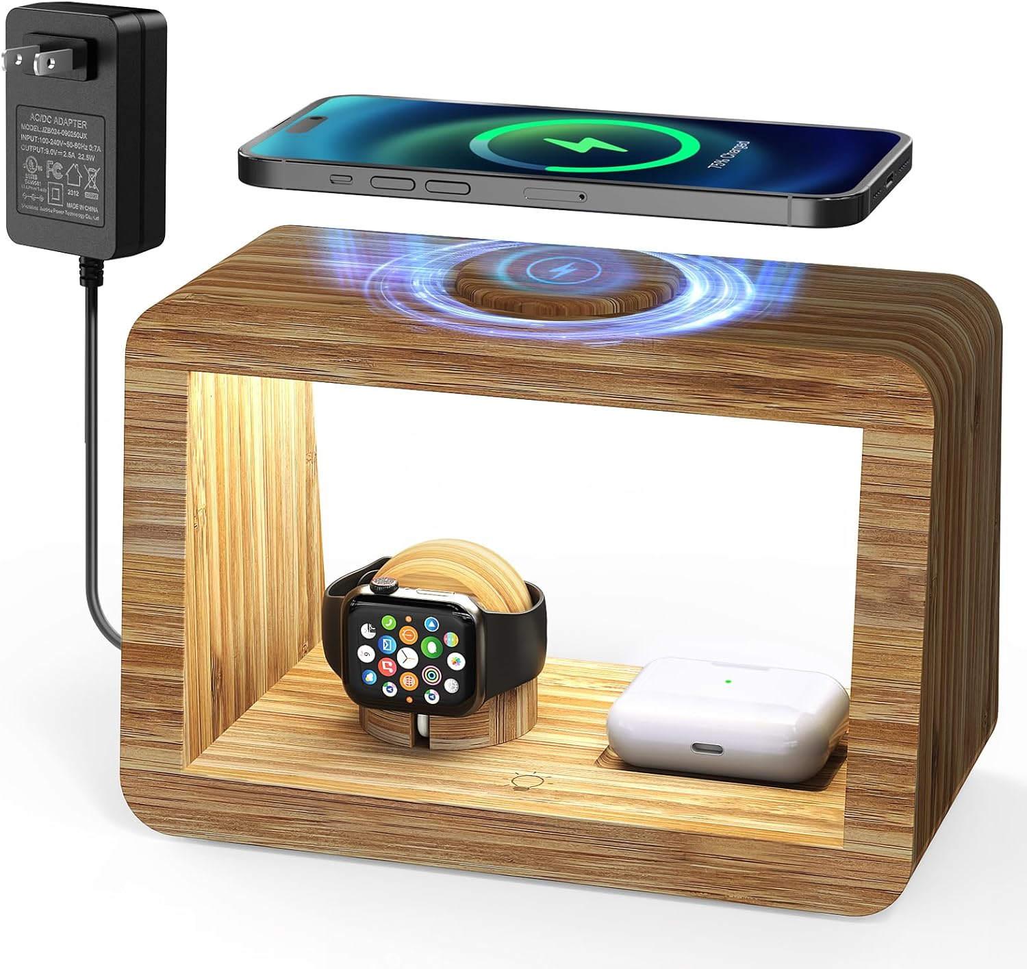 Bamboo Wireless Charging Station: 4-In-1Wireless Charger with Night Lights - Fas
