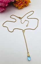 Blue CZ Teardrop Pendant Gold Tone Y Lariat Necklace 21" Adj Avon BW