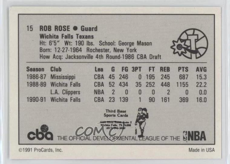 1991-92 ProCards CBA Rob Rose #15 - Image 2 of 2