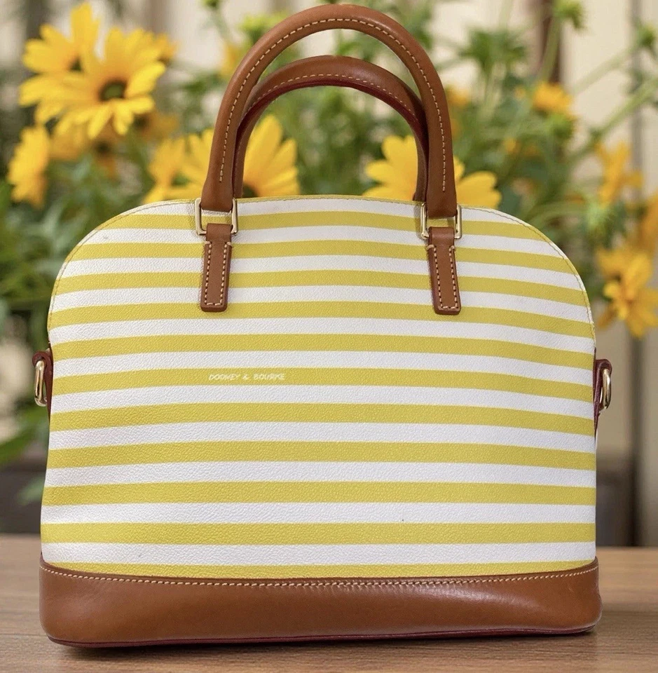 Bolso Cartera Dooney Bourke Sullivan Rayas Amarillo Blanco Cremallera Alrededor Cúpula Foto 2 de 4