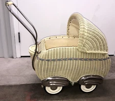 RARE Vintage Wicker Baby Doll Stroller Chrome Fenders Buggy Pink Green Art Deco