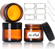 3 Pack 2 oz Amber Glass Jars with lids, Cosmetic Inner Liners