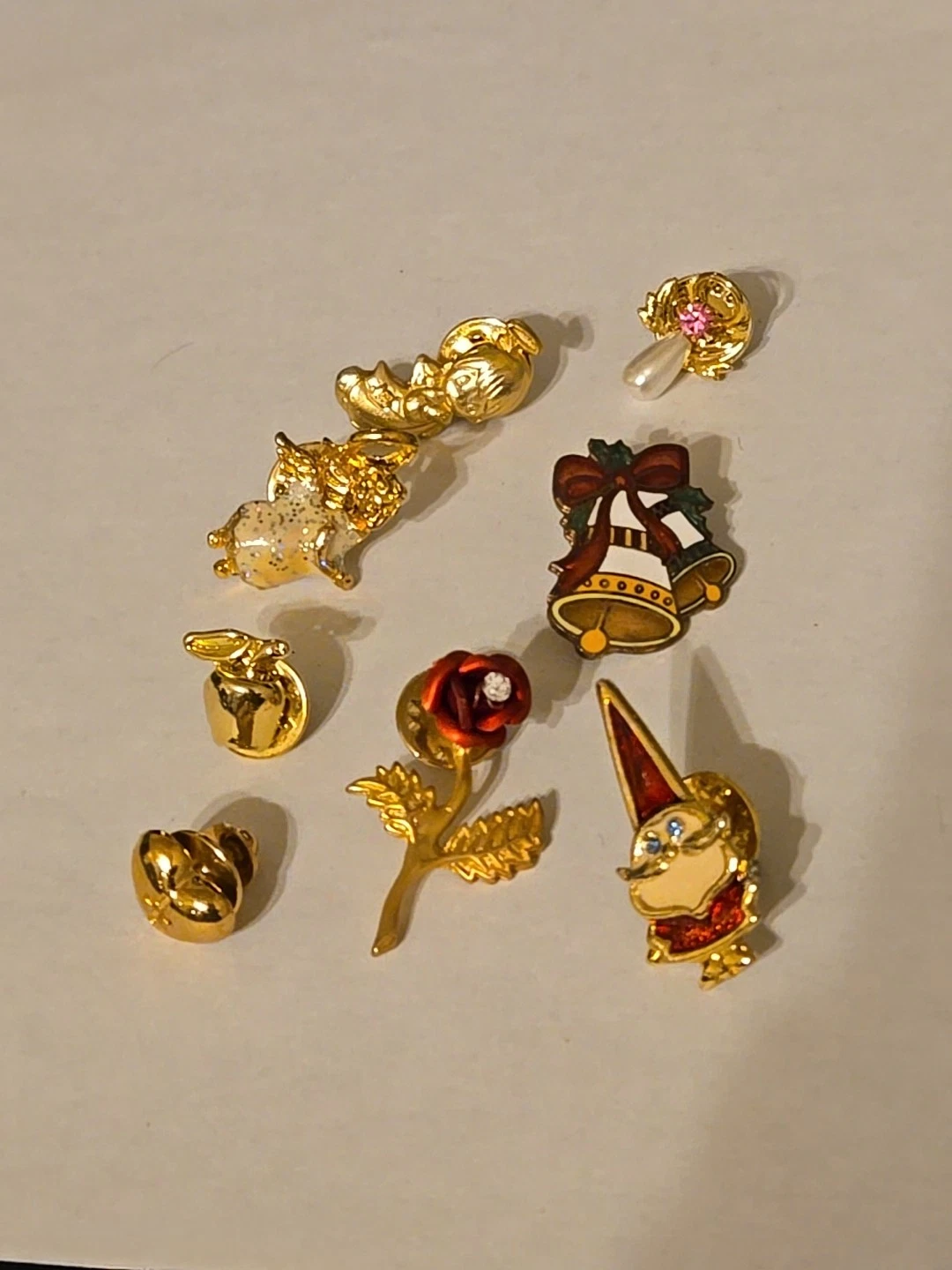 Vintage Festive Holiday Religious Pin Lot Of 8 Gold Tone Charms Deco Jewelry