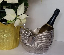 Silver Nautilus Wine Chiller Fruit Bowl Floral Center Piece Vase Ocean Décor Sea