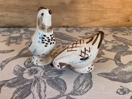 Artisan Ceramic Salt And Pepper Shakers Quail Bird Set Cream Brown And Blue