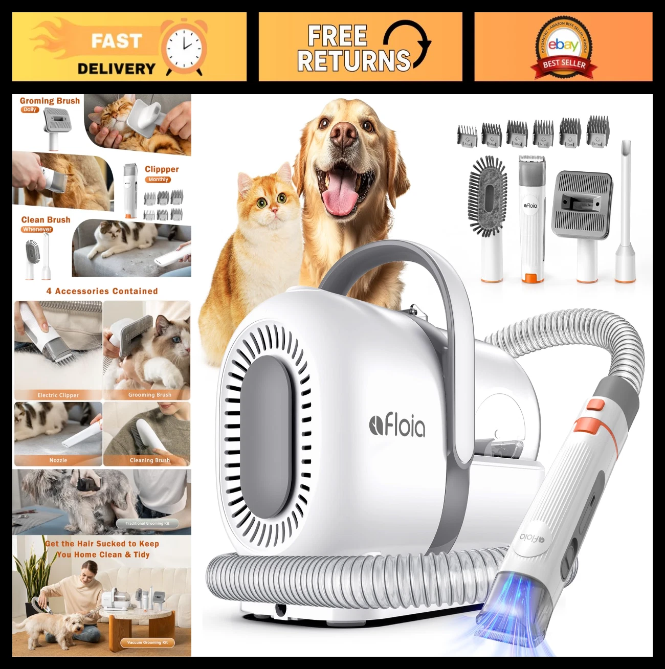 All-in-One Dog Grooming Vacuum Kit, Low Noise Pet Hair Vacuum & Clippers, 1.5L D